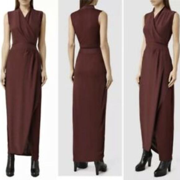AllSaints Lani Dress Rust Maroon Maxi Faux Wrap 6 - Picture 15 of 15